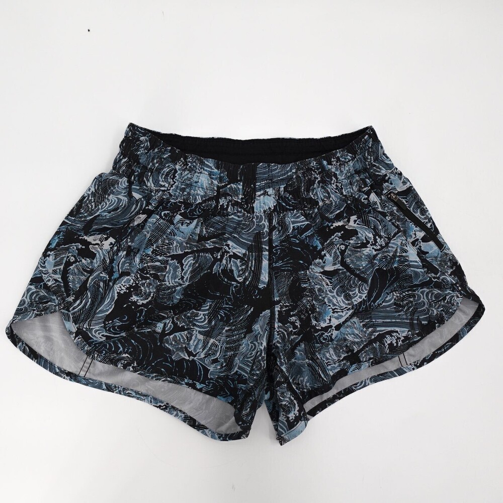 Lululemon Tracker Short Womens 10 Black Blue Graphic Athletic Running Workout